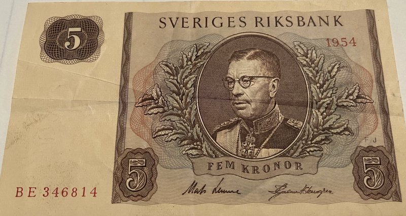 Version av 5-kronorsedel från 1954. Foto: Tradera Version av 5-kronorsedel från 1954. Foto: Tradera